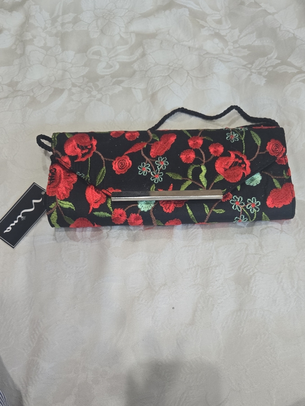 Floral Embroidered Black Clutch with Red Accents